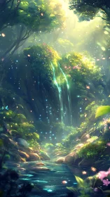 Enchanted forest waterfall over glowing stream at dawn.