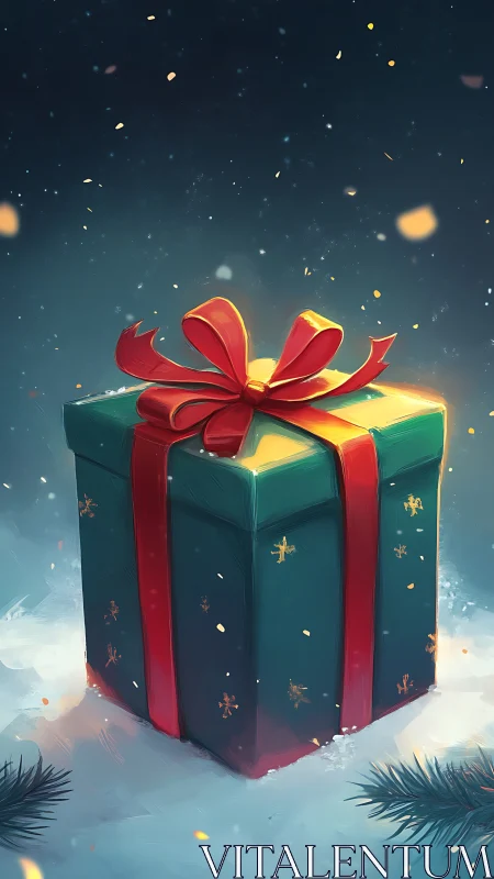 Illuminated green gift box with red bow in snowy night scene