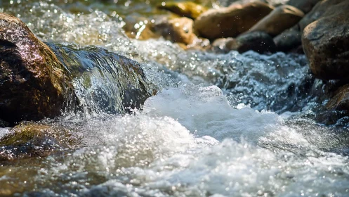 Macro close-up of fast mountain stream over sunlit river rocks