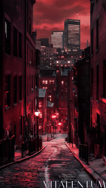 Red-lit cobblestone alley descends toward luminous city towers.