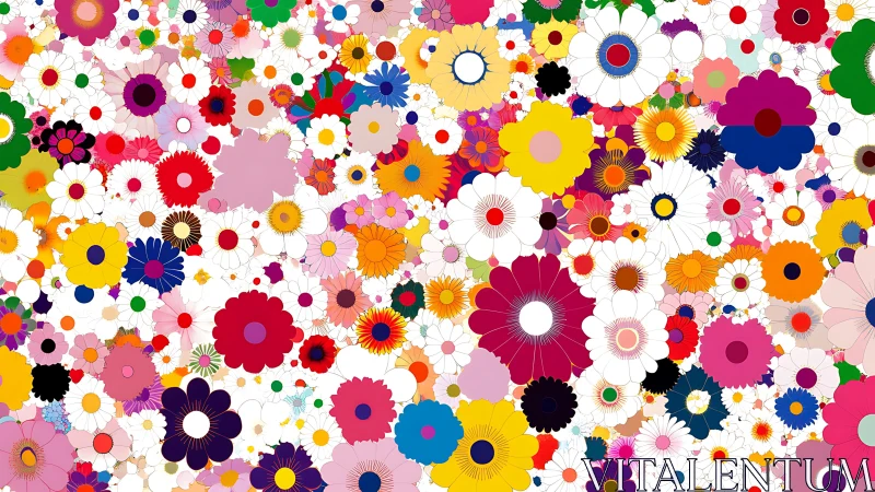 Dense digital field of multicolored stylized flower shapes.