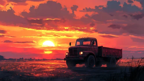 Sunset-painted pickup rolls quietly through glowing wetlands