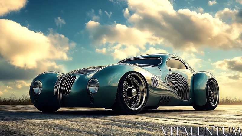 Retro-future teal coupe prowls a sunlit open highway dream.