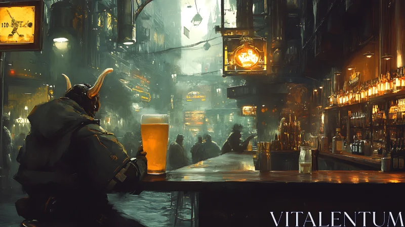 Lone horned patron pauses with beer in a glowing cyber bar