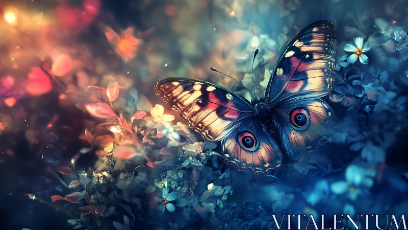 Bioluminescent butterfly rests amid iridescent bokeh flora