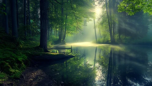 Misty Forest Stream at Dawn. Luminous rays pierce dense woodland canopy.