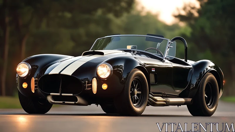 Photorealistic low-angle study of a classic black roadster.