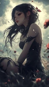 Moody anime portrait in backlit wildflower field composition.