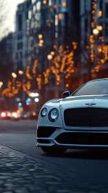 Luxury coupe glides through city street at blue hour twilight.