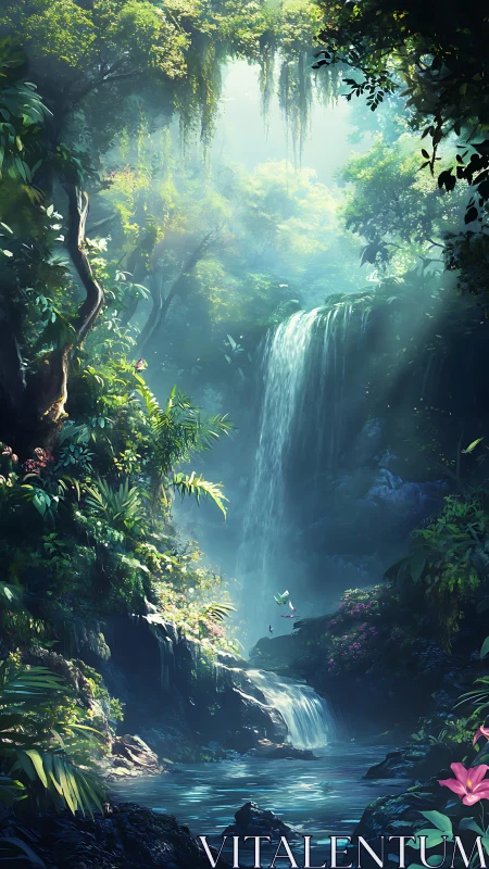 Radiant volumetric waterfall in hyper-lush jungle basin.