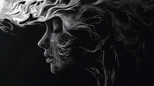 Whispering lines sketch a serene face drifting into darkness