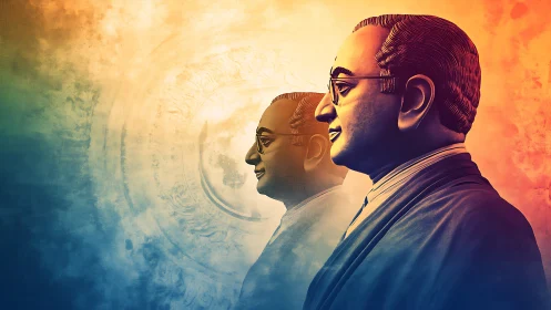 Twin bronze scholar silhouettes in sunrise colorstorm glow.