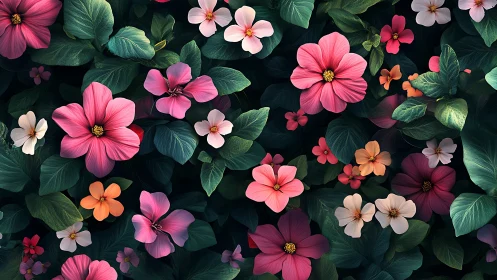 Floral Arrangement: Pink and Orange Flowers with Green Foliage on Dark Background