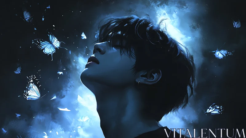 Side profile of person in blue light with butterflies.