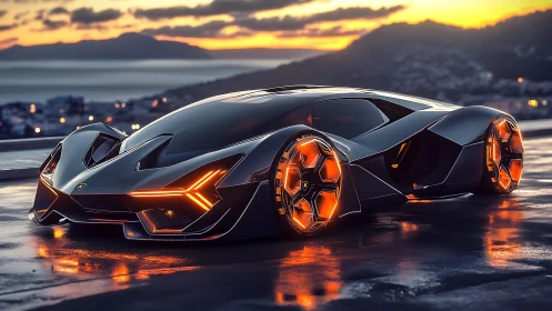 Sunset-lit futuristic supercar glowing with bold energy.