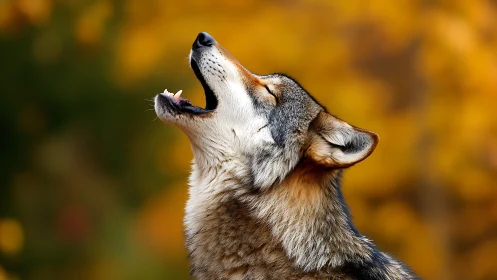 Howling wolf profile against soft golden bokeh forest background.