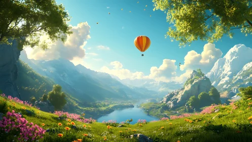 Vibrant valley landscape with hot air balloon over lake.