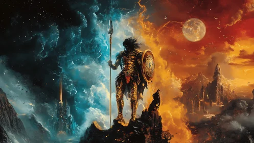 Armored warrior divides celestial fire and ice realms in balance