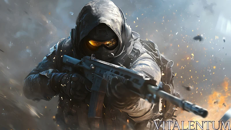 Hooded sci fi soldier charging through sparks and smoke.