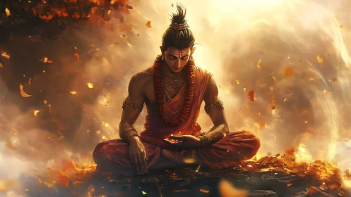 Seated ascetic figure holding flame amid swirling leaves.