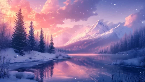 Iridescent alpine lake at dusk with snow laden conifers