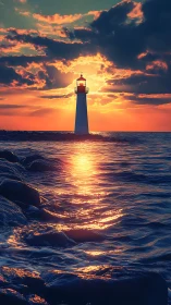 Lighthouse silhouette in blazing sunset over rippling sea.