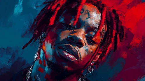 Crimson dreadlocks drift through neon stormlight portraiture.