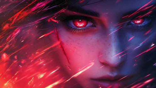 Cyberpunk portrait of red eyed warrior in kinetic light field.