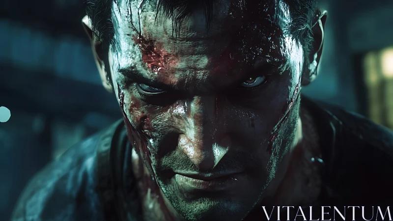 Bloodied male fighter stares forward with intense resolve