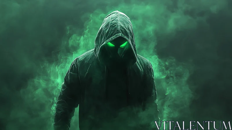 Hooded figure with neon green visor emerges from volumetric fog