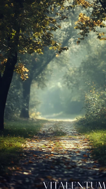 Forest path with filtered sunlight and autumn foliage canopy