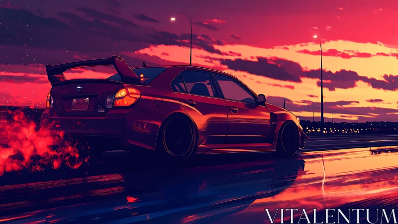 Street racer car ignites neon dusk with drifting fire