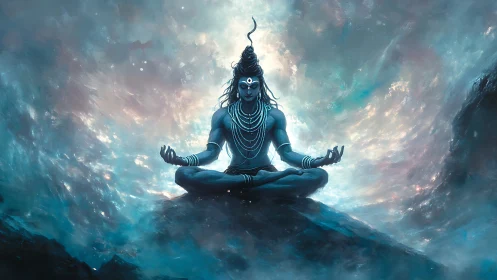 Cosmic blue deity meditating amid swirling celestial storm.