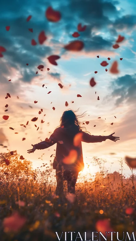 Silhouette girl embraces sunset sky as petals dance around her