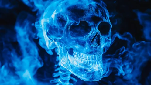 Spectral blue flame skull rendered with volumetric translucency.
