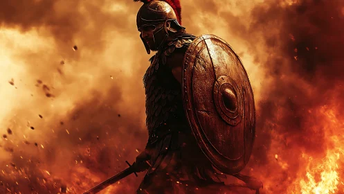 Armored hoplite strides through volumetric fire and smoke field