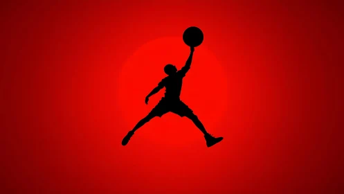 Silhouette of jumping basketball player on red background.