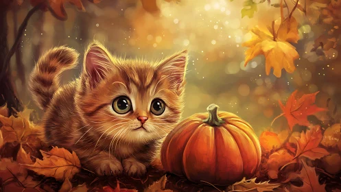 Kitten with Autumn Pumpkin Among Fall Foliage