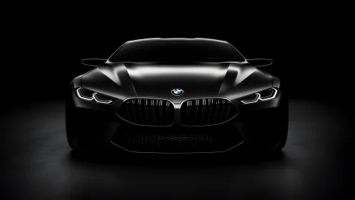 Midnight-black BMW coupe in dramatic low-key studio lighting.