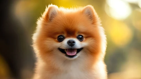 Fluffy Pomeranian portrait in warm golden bokeh light.