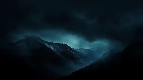 Dark mountain ridge under moody clouds at night.