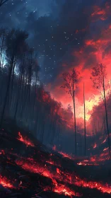 Inferno Landscape: Wildfire Ravaging Ancient Forest at Dusk.