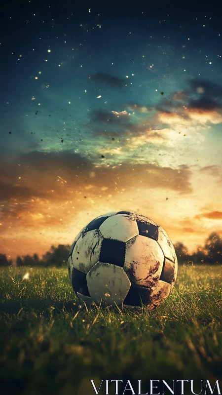 Low-angle analysis of weathered soccer ball on backlit pitch.
