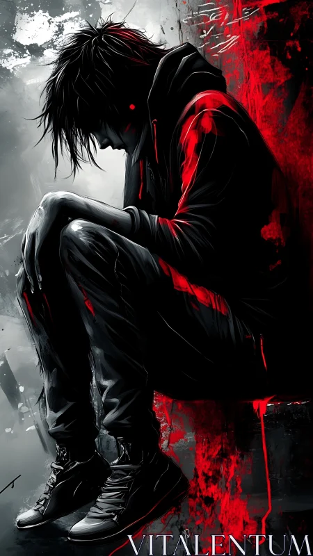 Hooded youth in grayscale alley with red neon blood streaks