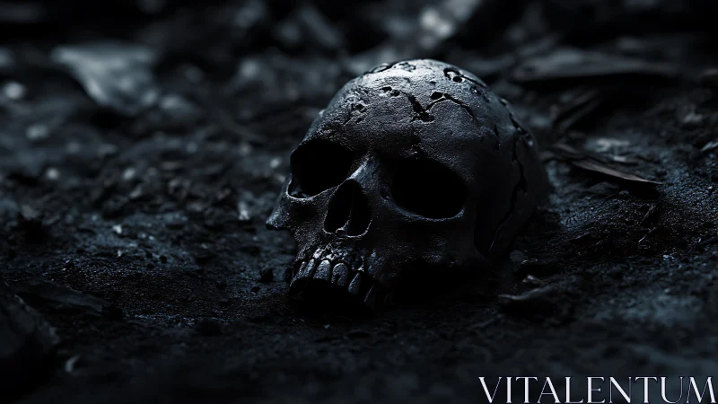 Corroded human skull half-buried in wet nocturnal soil