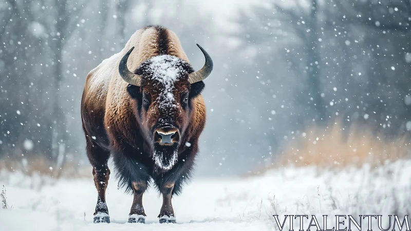 Snow-laden bison in frontal stance within diffuse winter field.