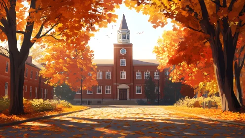 Red brick campus building stands beyond bright autumn trees