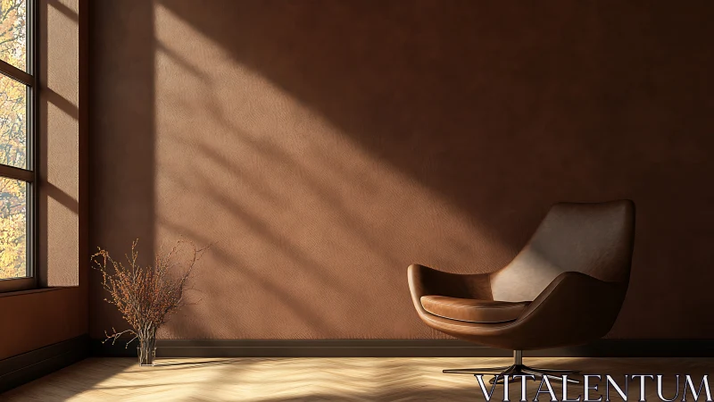 Midcentury lounge chair in sunlit corner of brown room.