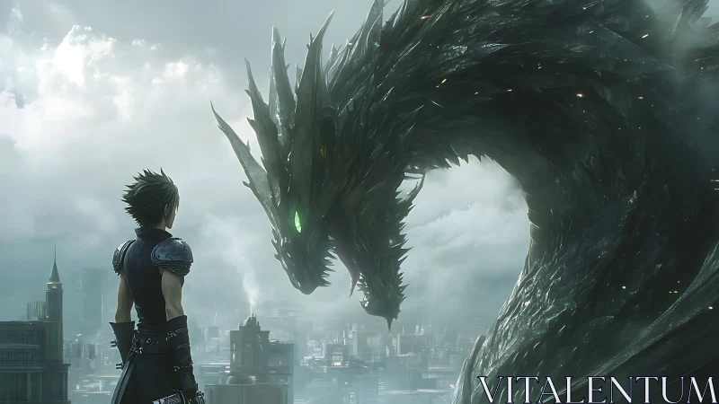 Armored warrior facing luminous-eyed dragon over mist city