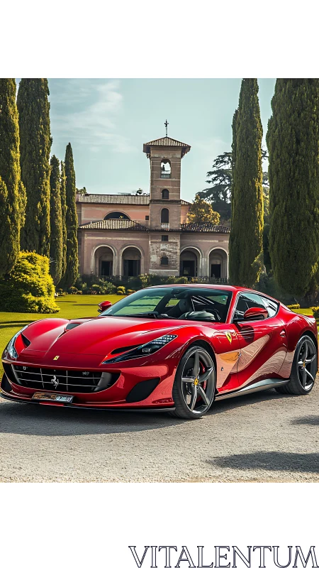 Red Italian supercar gleams before historic villa garden.